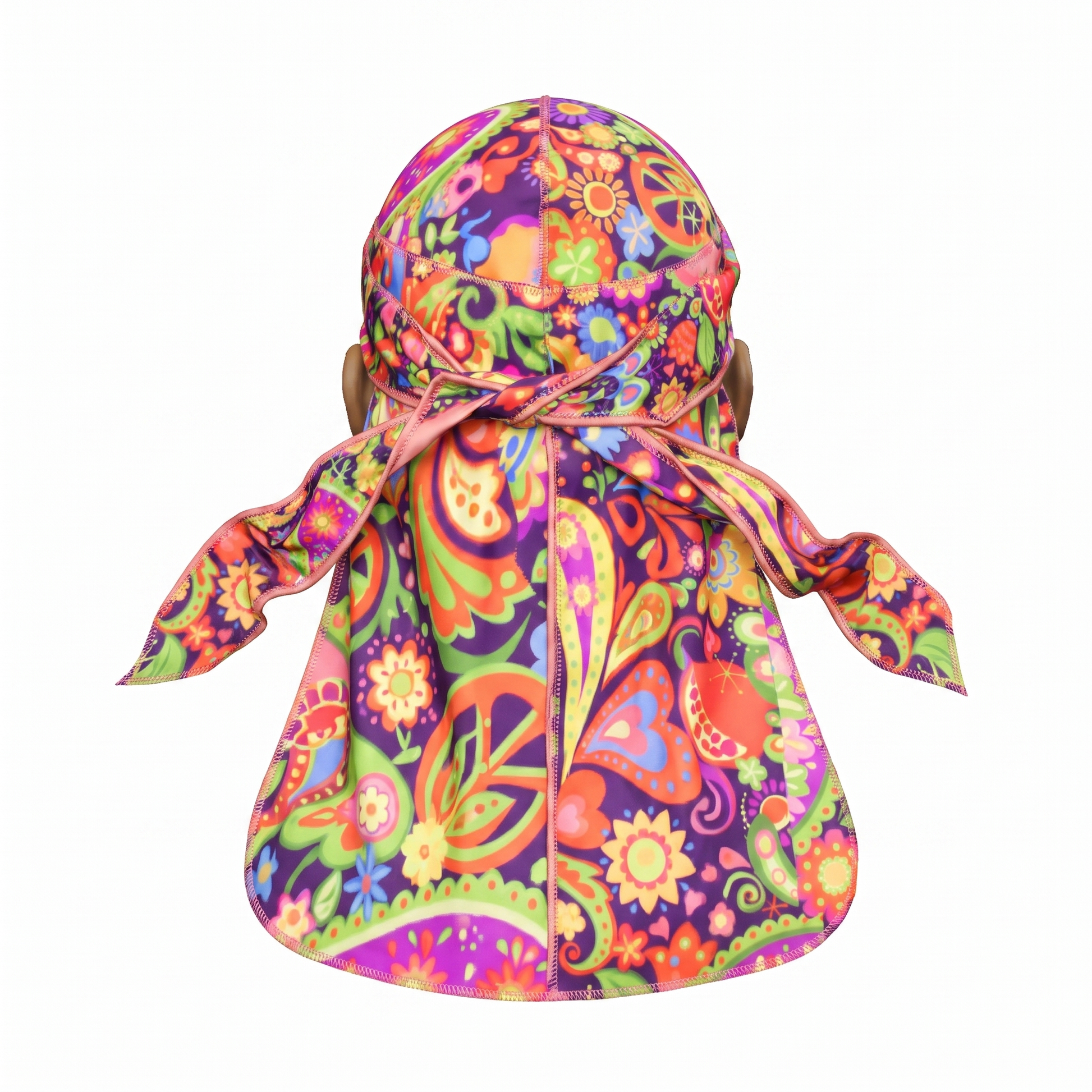 Black Hippie graphic Satin Silky Durag - premium silky durag back view showing wrap straps, tail and stitching