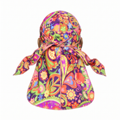 Black Hippie graphic Satin Silky Durag - premium silky durag back view showing wrap straps, tail and stitching