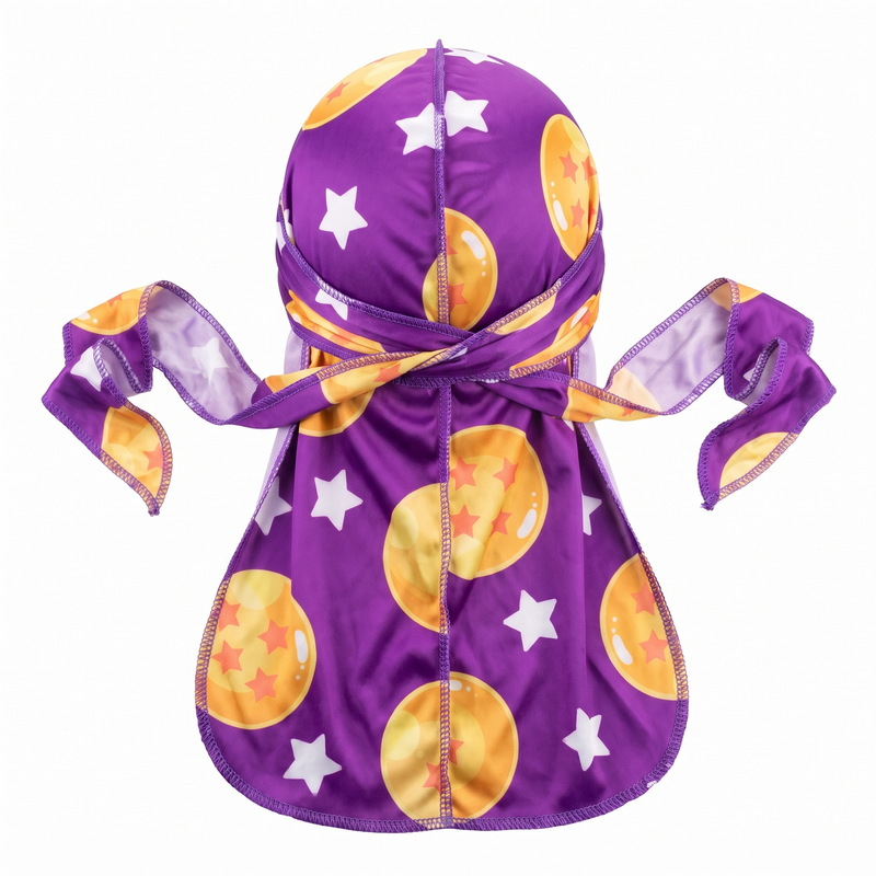Dragon Ball Z Purple Satin Silky Durag - premium silky durag back view showing wrap straps, tail and stitching