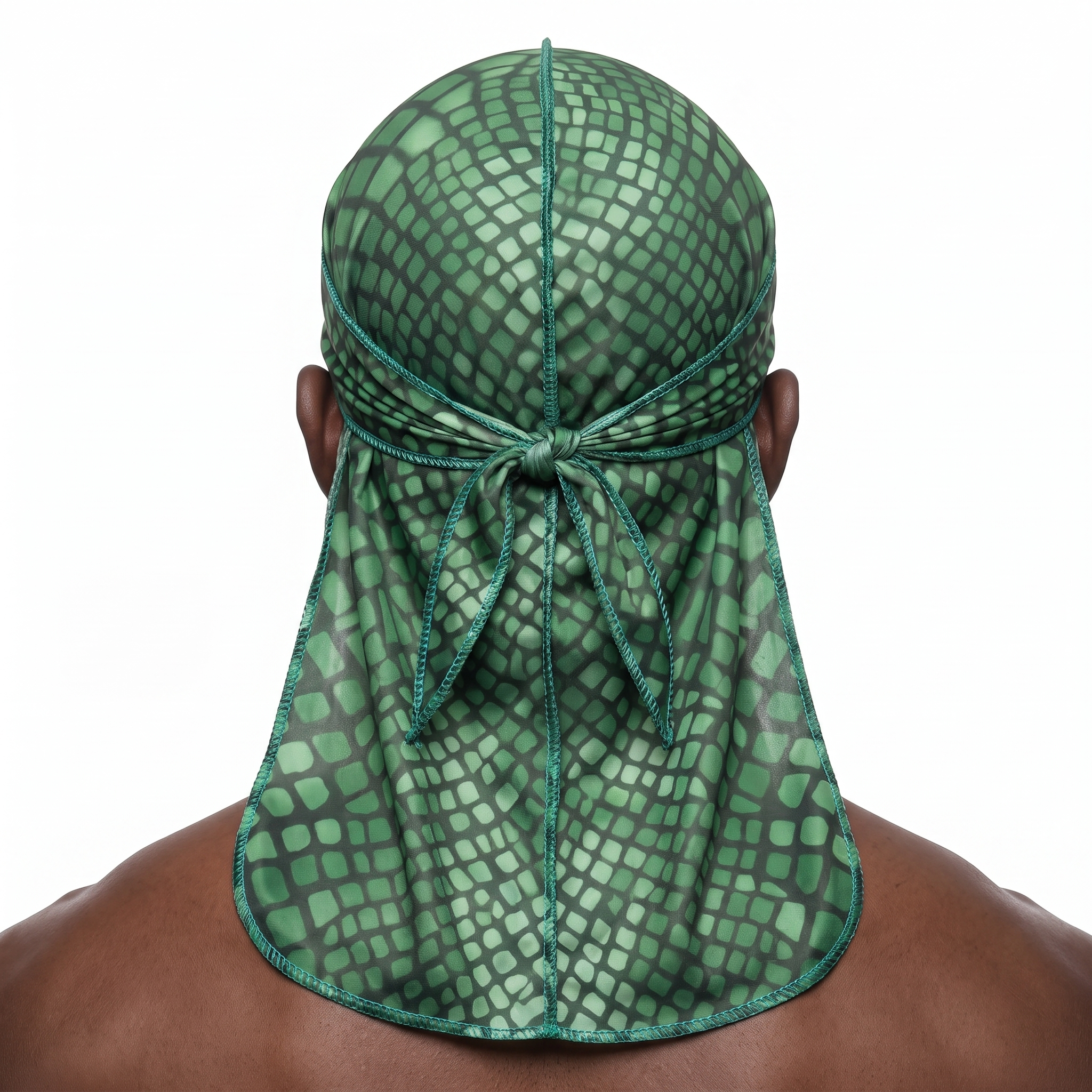 Green reptile snakeskin Satin Silky Durag worn by male model, back view showing tied wrap and tail