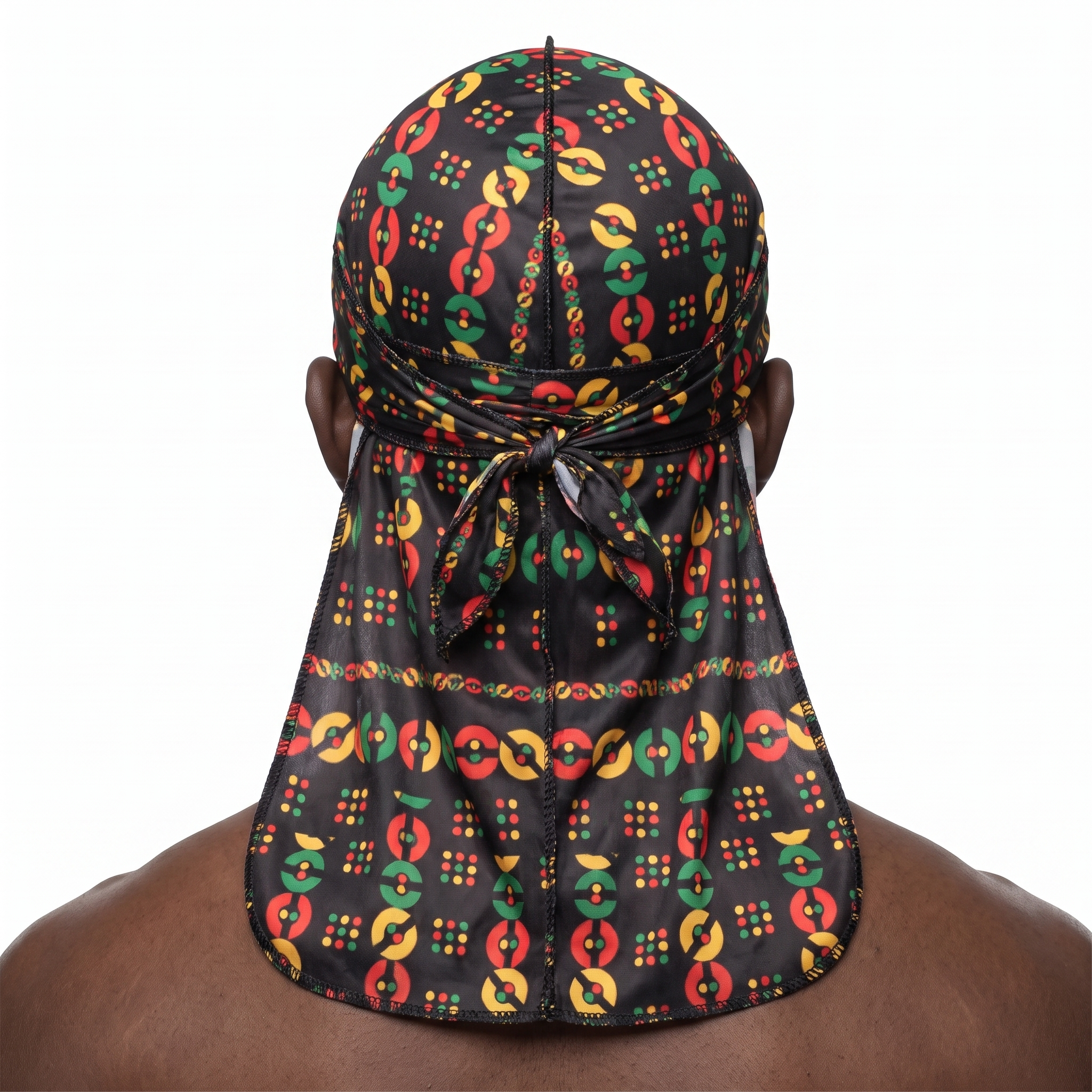Juneteenth 5.0 red black and green Satin Silky Durag worn by male model, back view showing tied wrap and tail