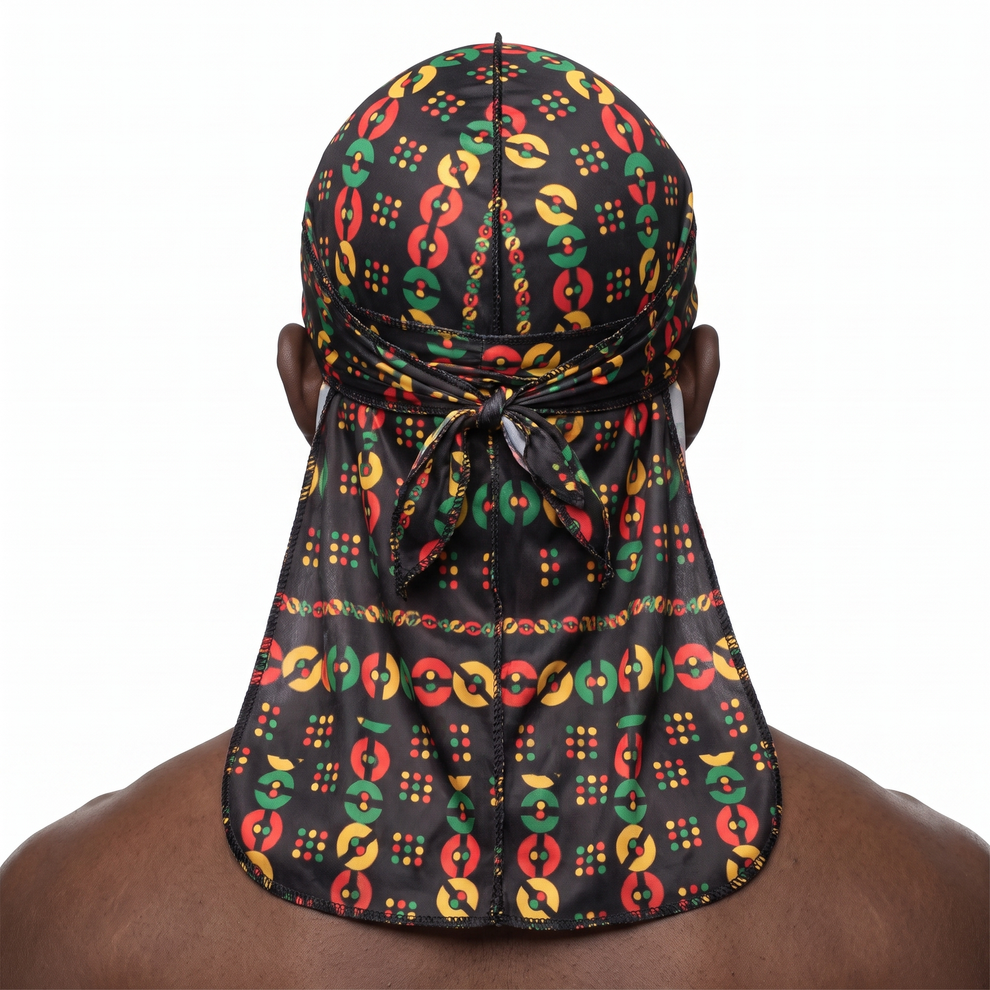 Juneteenth 5.0 red black and green Satin Silky Durag worn by male model, back view showing tied wrap and tail