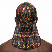 Juneteenth 5.0 red black and green Satin Silky Durag worn by male model, back view showing tied wrap and tail
