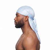 Blue ice cream sprinkle Satin Silky Durag worn by male model, side profile showing fit and tail drape
