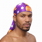 Dragon Ball Z Purple Satin Silky Durag worn by male model, front view on white background