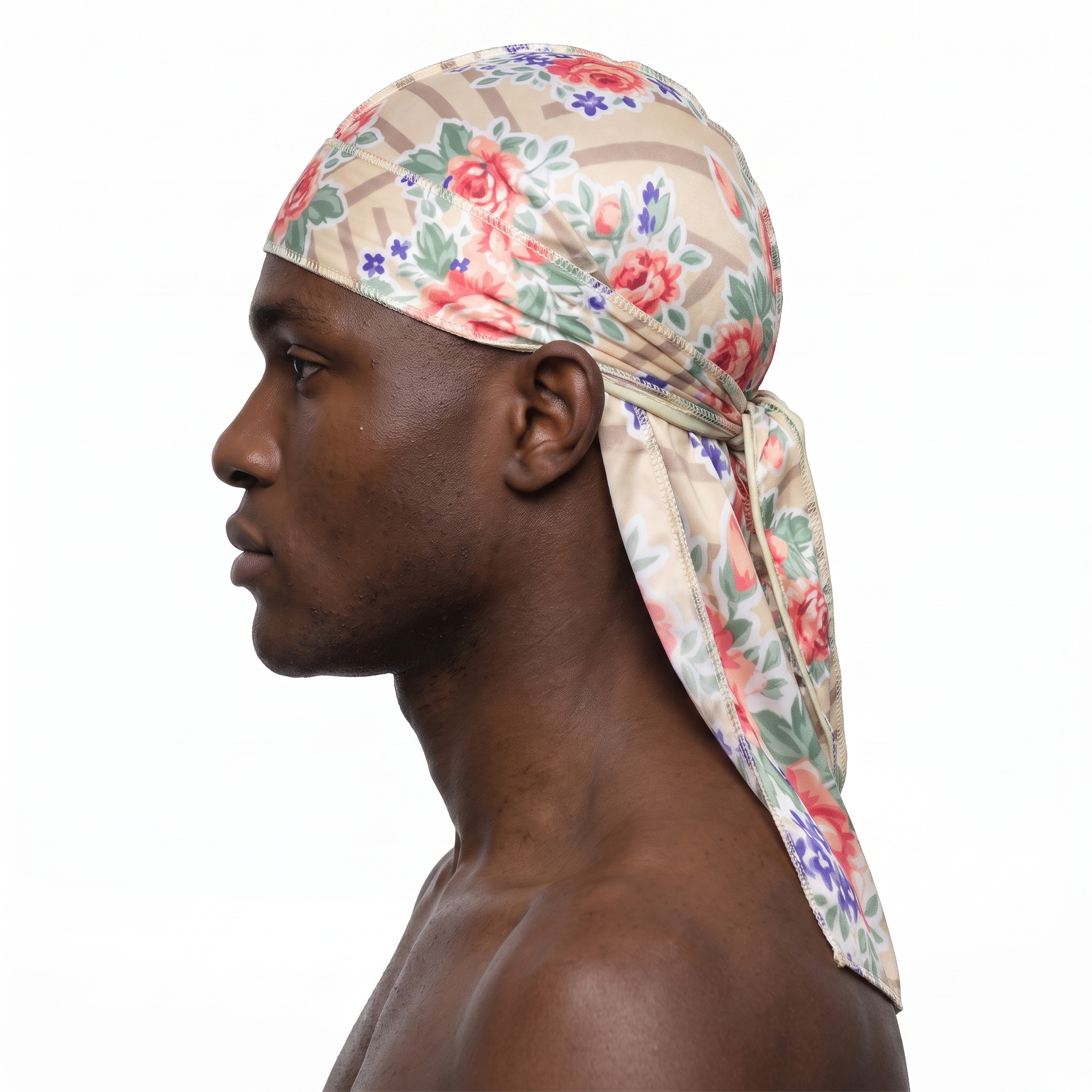 Khaki retro roses floral Satin Silky Durag worn by male model, side profile showing fit and tail drape