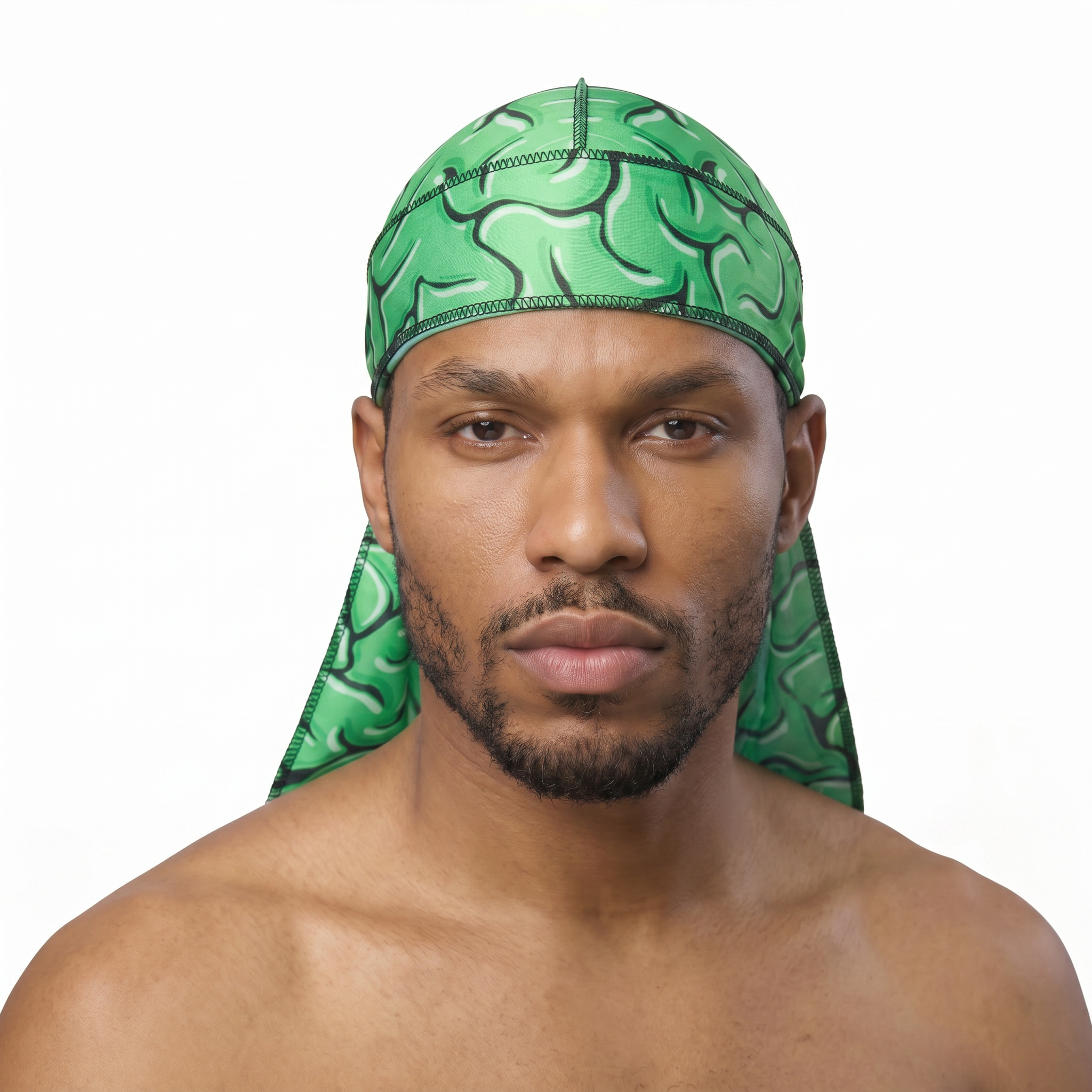Green Brains graphic Satin Silky Durag worn by male model, front view on white background