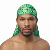 Green Brains graphic Satin Silky Durag worn by male model, front view on white background