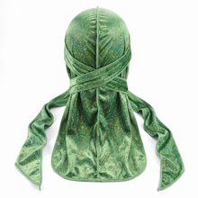 Premium Green Hologram Sparkle Velvet Durag - premium durag back view showing wrap straps, tail and stitching