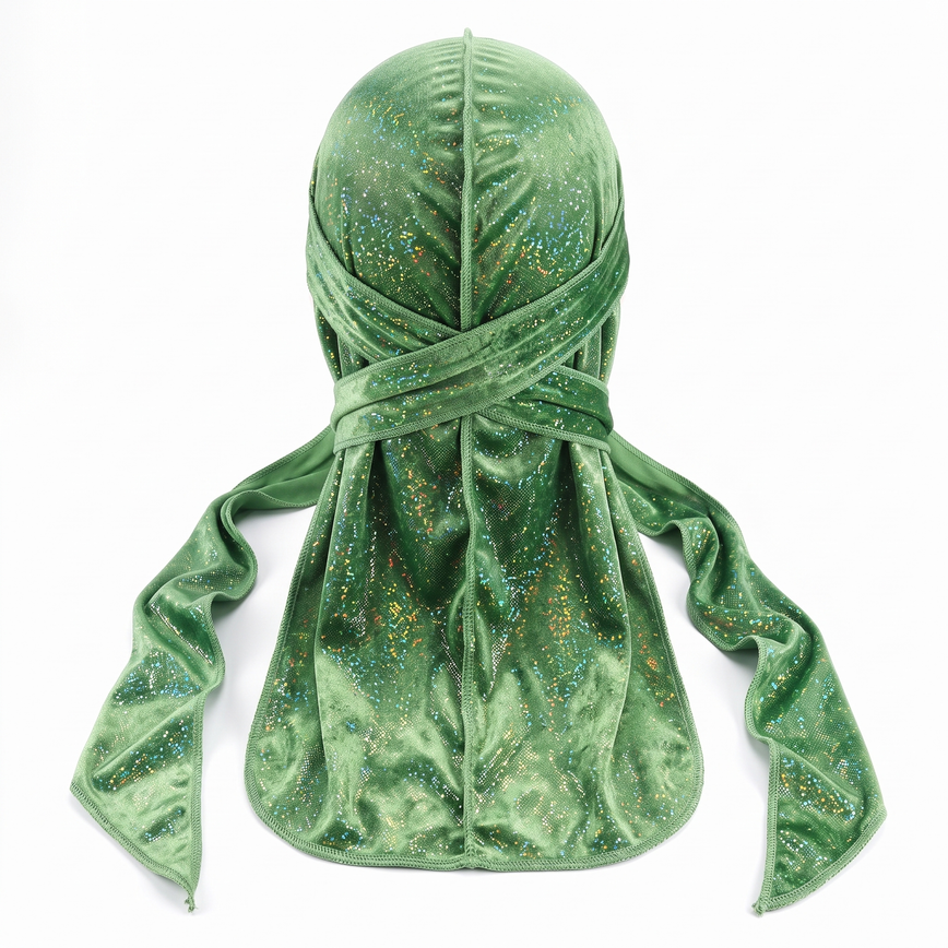 Premium Green Hologram Sparkle Velvet Durag - premium durag back view showing wrap straps, tail and stitching