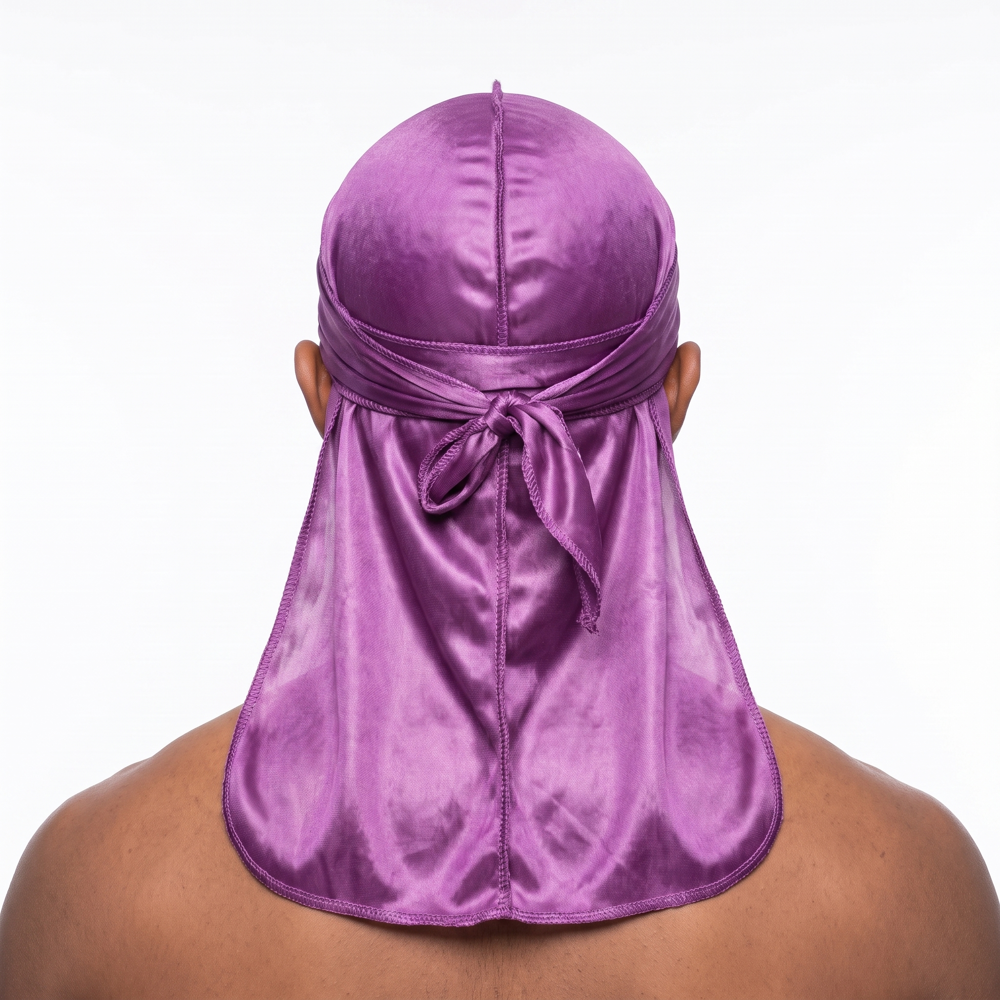 Premium Silk Durag Passion Purple worn by male model, back view showing tied wrap and tail