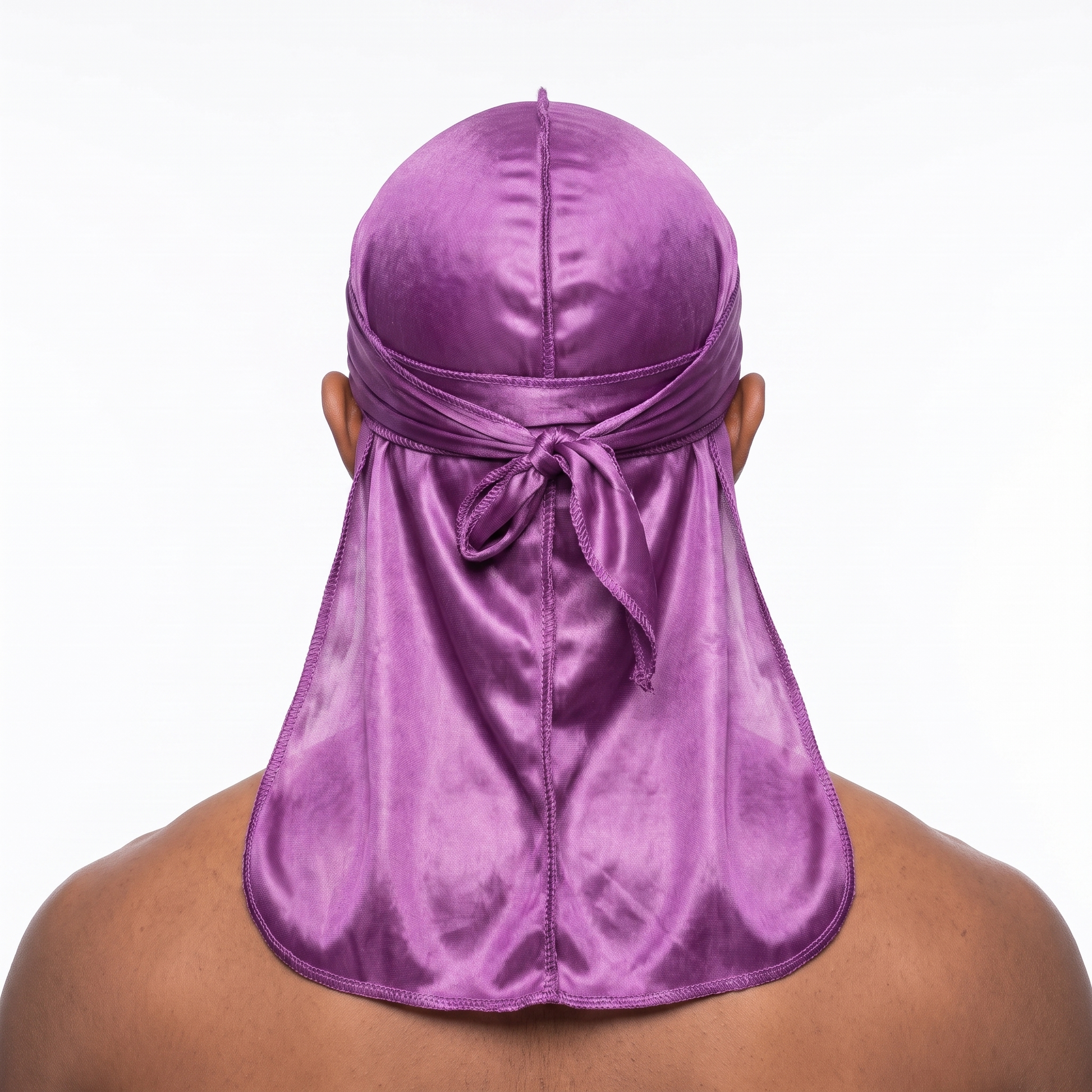 Premium Silk Durag Passion Purple worn by male model, back view showing tied wrap and tail