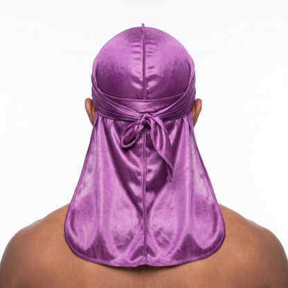 Premium Silk Durag Passion Purple worn by male model, back view showing tied wrap and tail