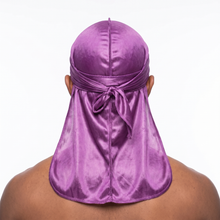 Premium Silk Durag Passion Purple worn by male model, back view showing tied wrap and tail