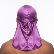 Premium Silk Durag Passion Purple worn by male model, back view showing tied wrap and tail