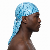Blue Brains graphic Satin Silky Durag worn by male model, side profile showing fit and tail drape