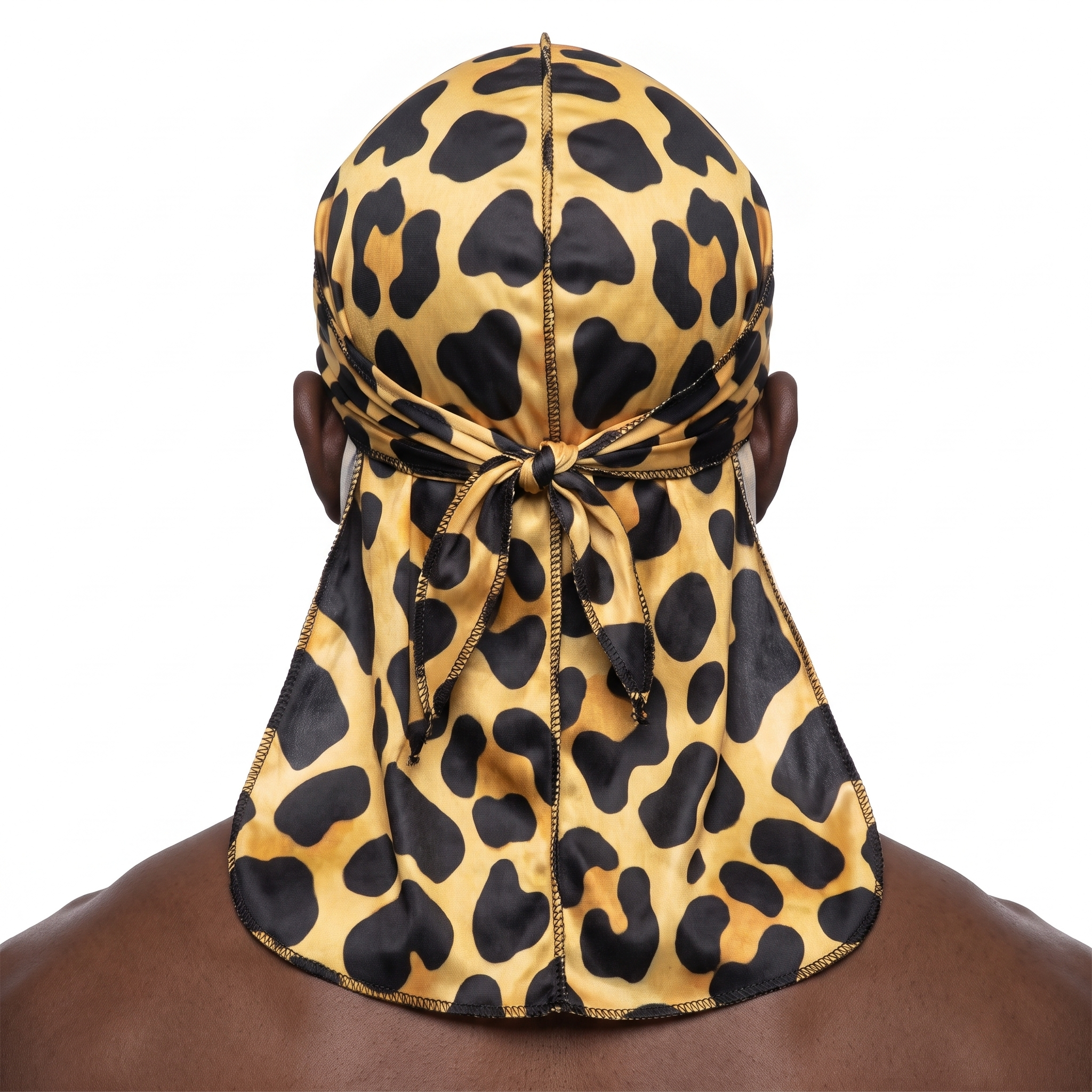 Leopard animal print Satin Silky Durag worn by male model, back view showing tied wrap and tail