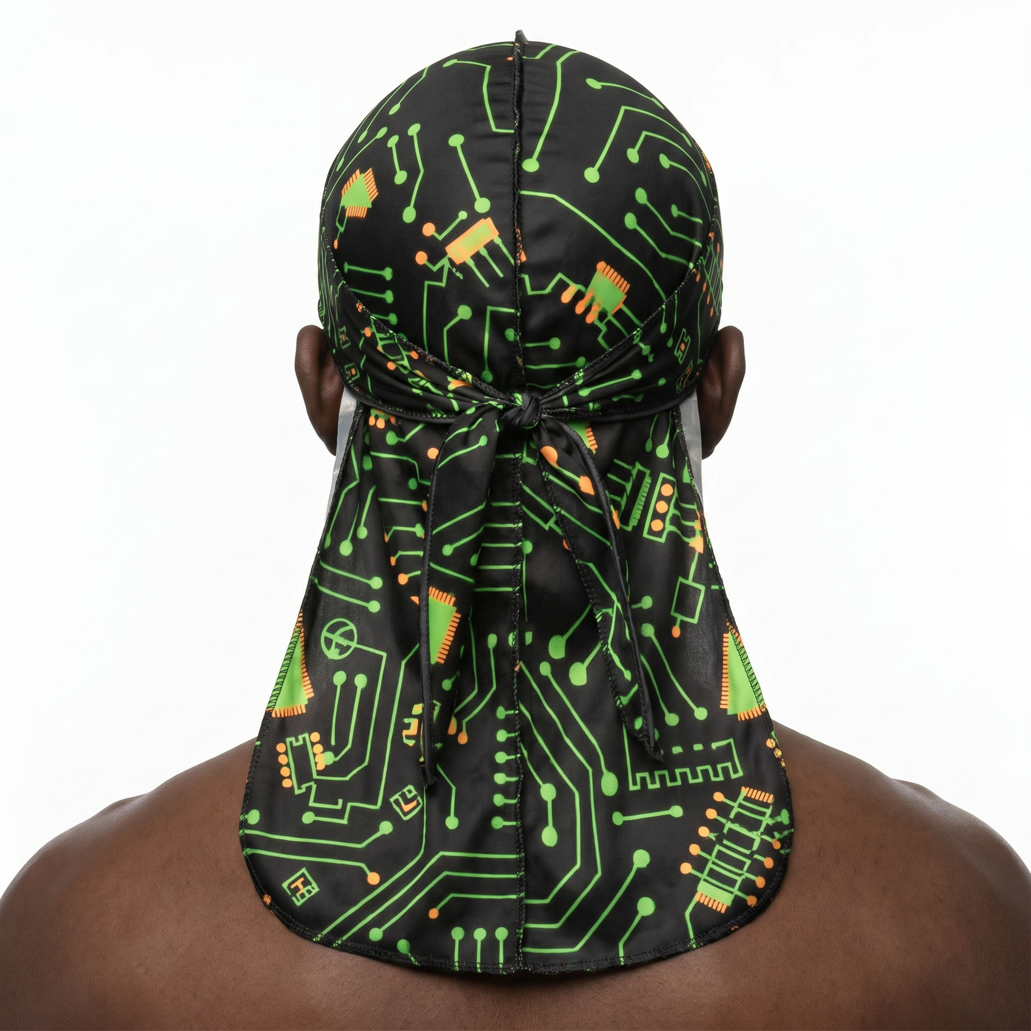 Digital Black pixel Satin Silky Durag worn by male model, back view showing tied wrap and tail