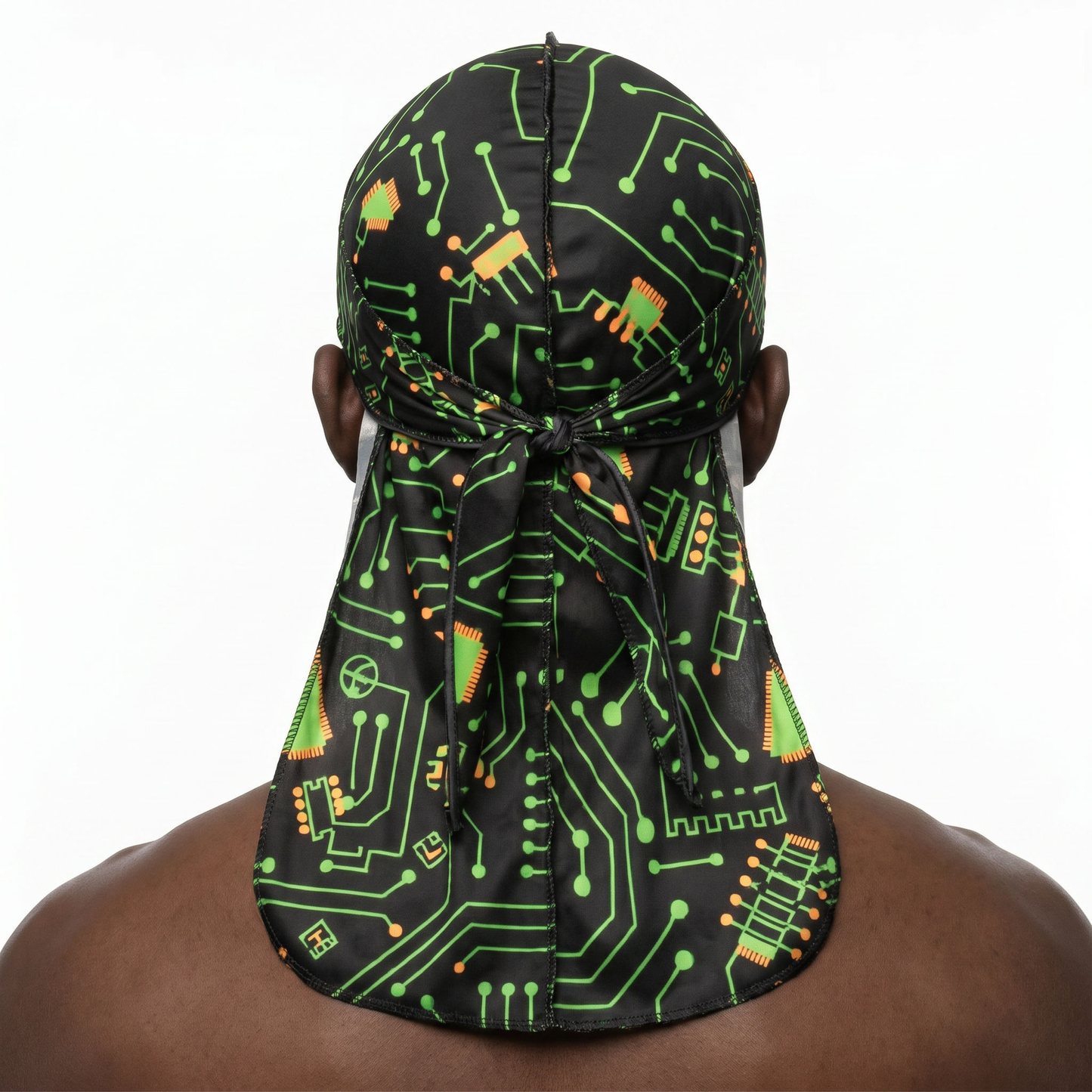 Digital Black pixel Satin Silky Durag worn by male model, back view showing tied wrap and tail