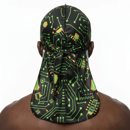 Digital Black pixel Satin Silky Durag worn by male model, back view showing tied wrap and tail