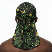 Digital Black pixel Satin Silky Durag worn by male model, back view showing tied wrap and tail