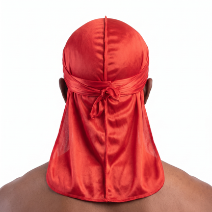Premium Toronto Red Silk Durag worn by male model, back view showing tied wrap and tail