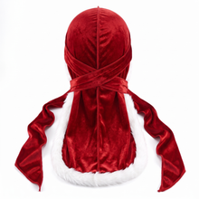 Premium Fur Red Santa Durag - premium durag back view showing wrap straps, tail and stitching