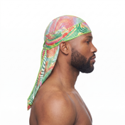 Thermal heat-map optical illusion Satin Silky Durag worn by male model, side profile showing fit and tail drape