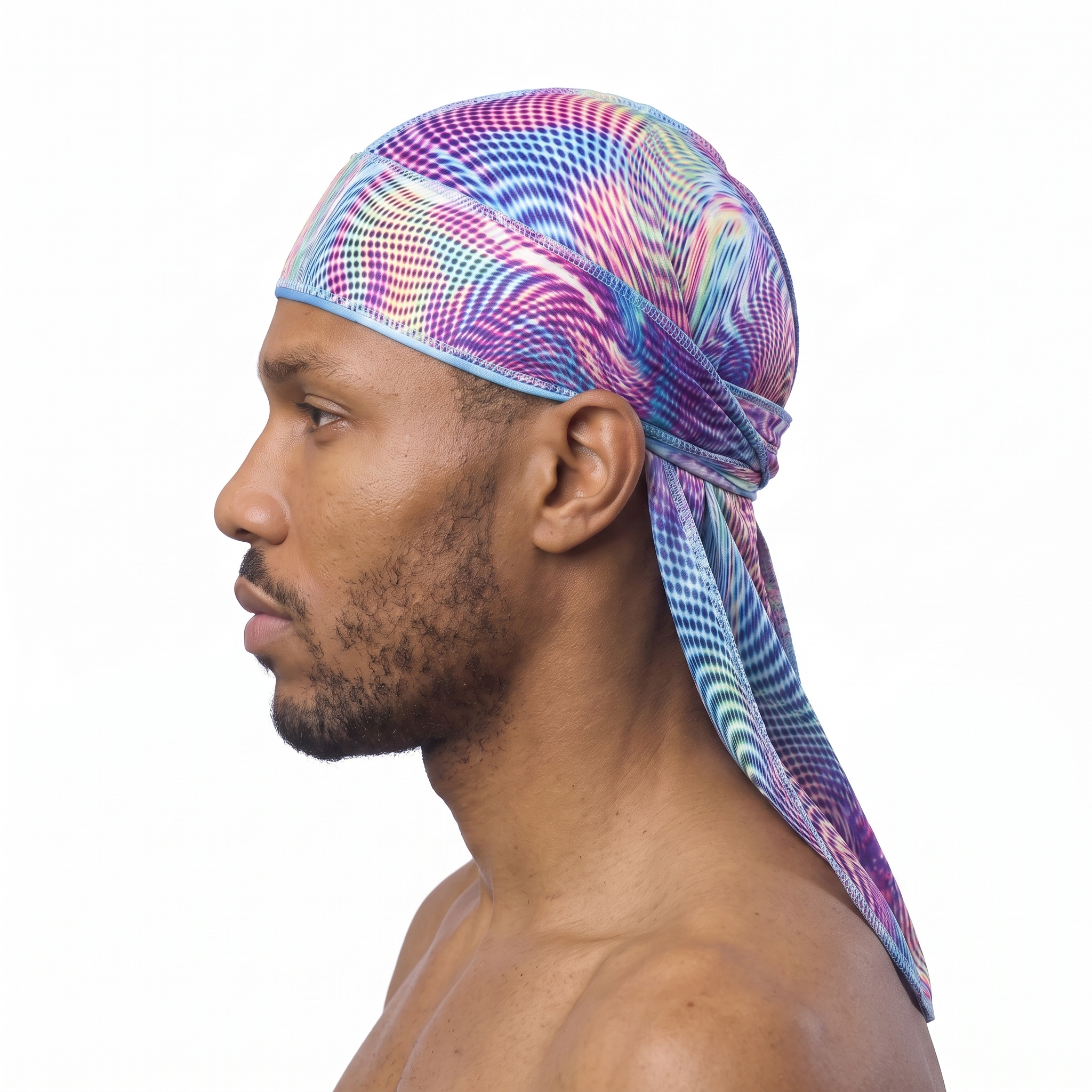 Purple optical illusion swirl Satin Silky Durag worn by male model, side profile showing fit and tail drape