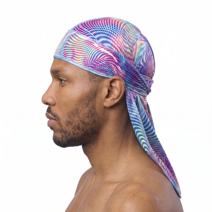 Purple optical illusion swirl Satin Silky Durag worn by male model, side profile showing fit and tail drape