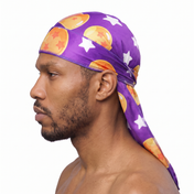 Dragon Ball Z Purple Satin Silky Durag worn by male model, side profile showing fit and tail drape