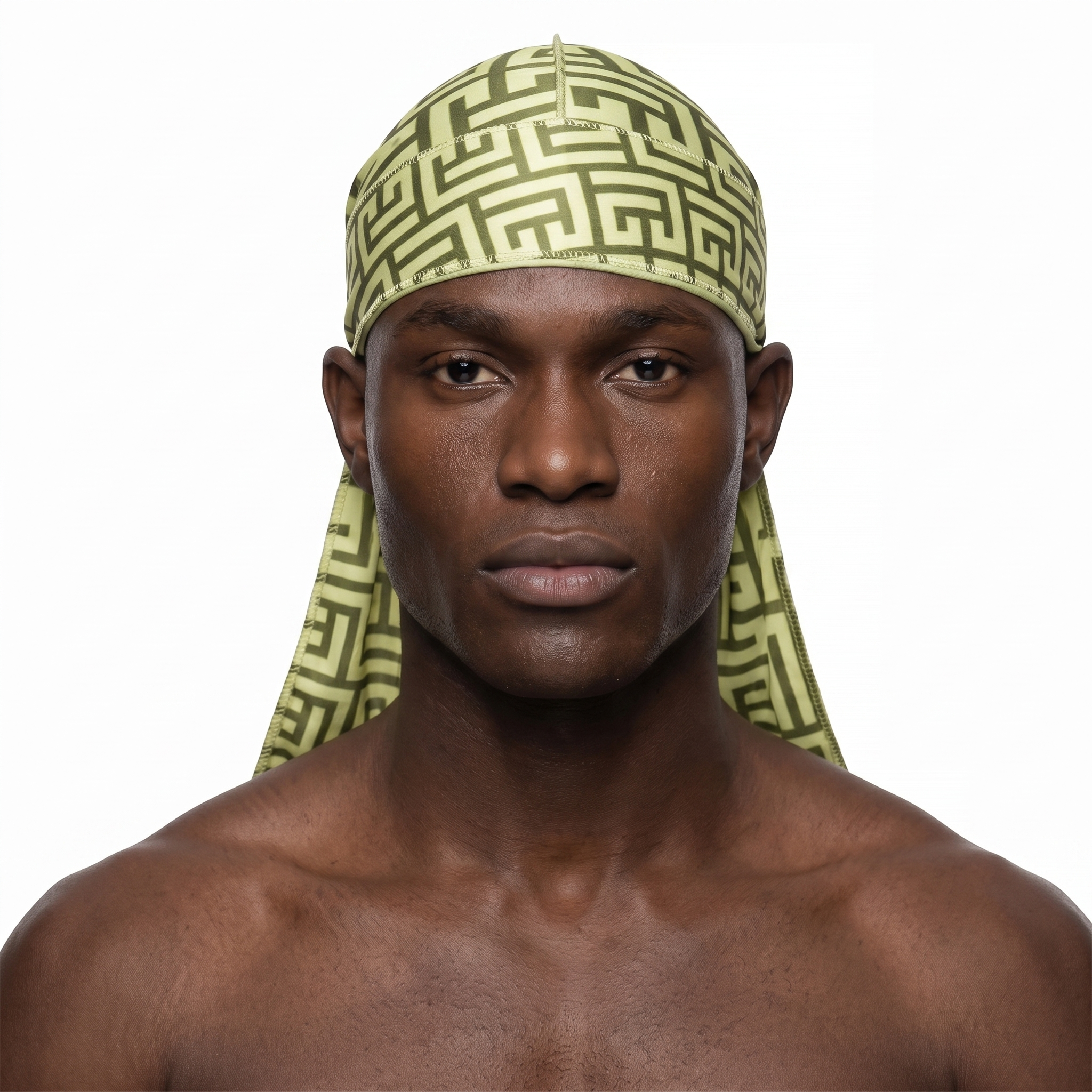 Olive Maze geometric Satin Silky Durag worn by male model, front view on white background