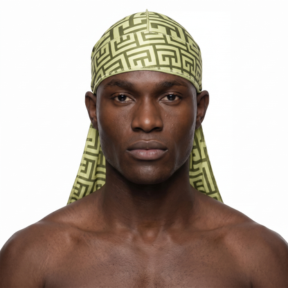 Olive Maze geometric Satin Silky Durag worn by male model, front view on white background