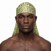 Olive Maze geometric Satin Silky Durag worn by male model, front view on white background