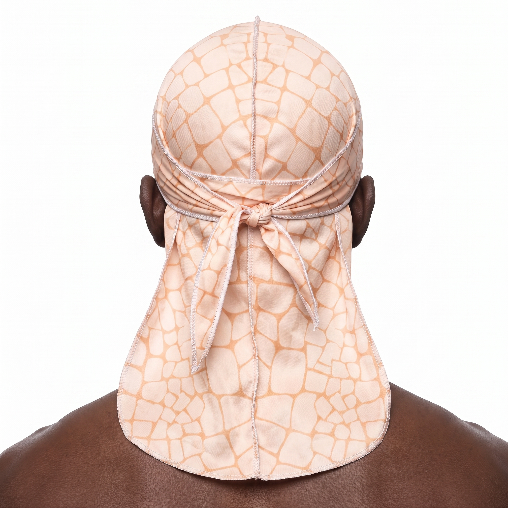 Peach crocodile skin Satin Silky Durag worn by male model, back view showing tied wrap and tail