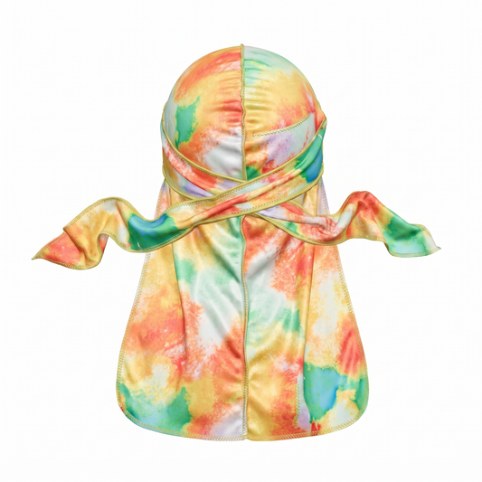 Pastel Heat Map Satin Silky Durag - premium silky durag back view showing wrap straps, tail and stitching