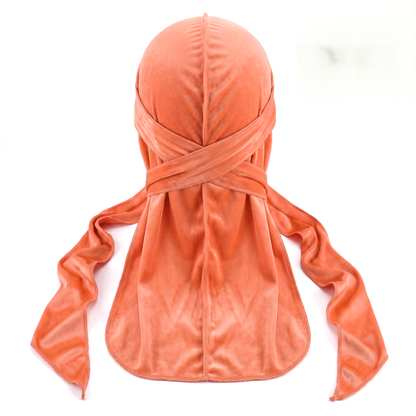 Premium Peach Orange Velvet Durag - premium velvet durag back view showing wrap straps, tail and stitching