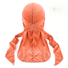 Premium Peach Orange Velvet Durag - premium velvet durag back view showing wrap straps, tail and stitching