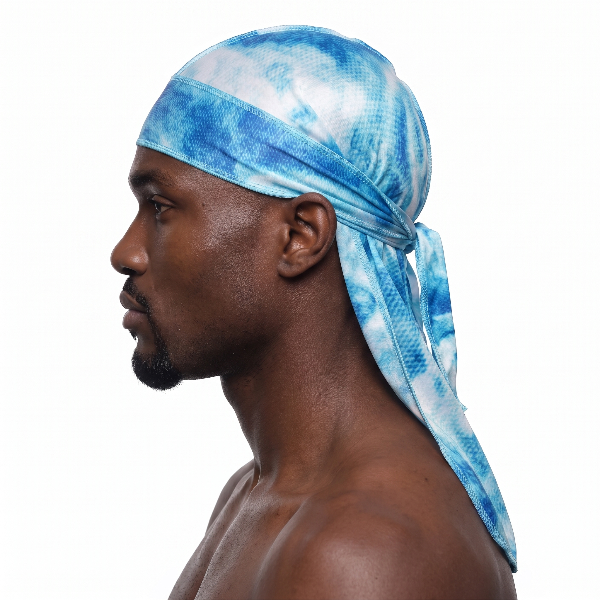 Hurricane swirl graphic Satin Silky Durag worn by male model, side profile showing fit and tail drape