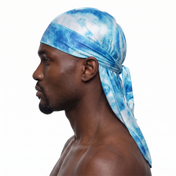 Hurricane swirl graphic Satin Silky Durag worn by male model, side profile showing fit and tail drape