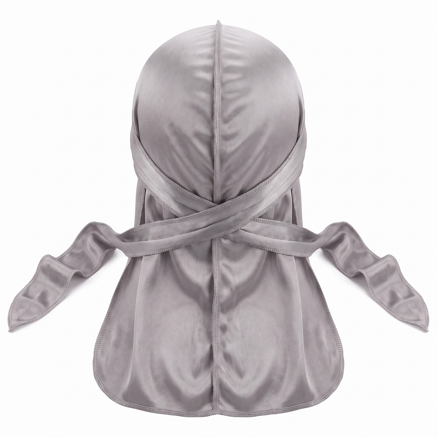 Premium Silver Grey Silk Durag - premium heavy silky durag back view showing wrap straps, tail and stitching