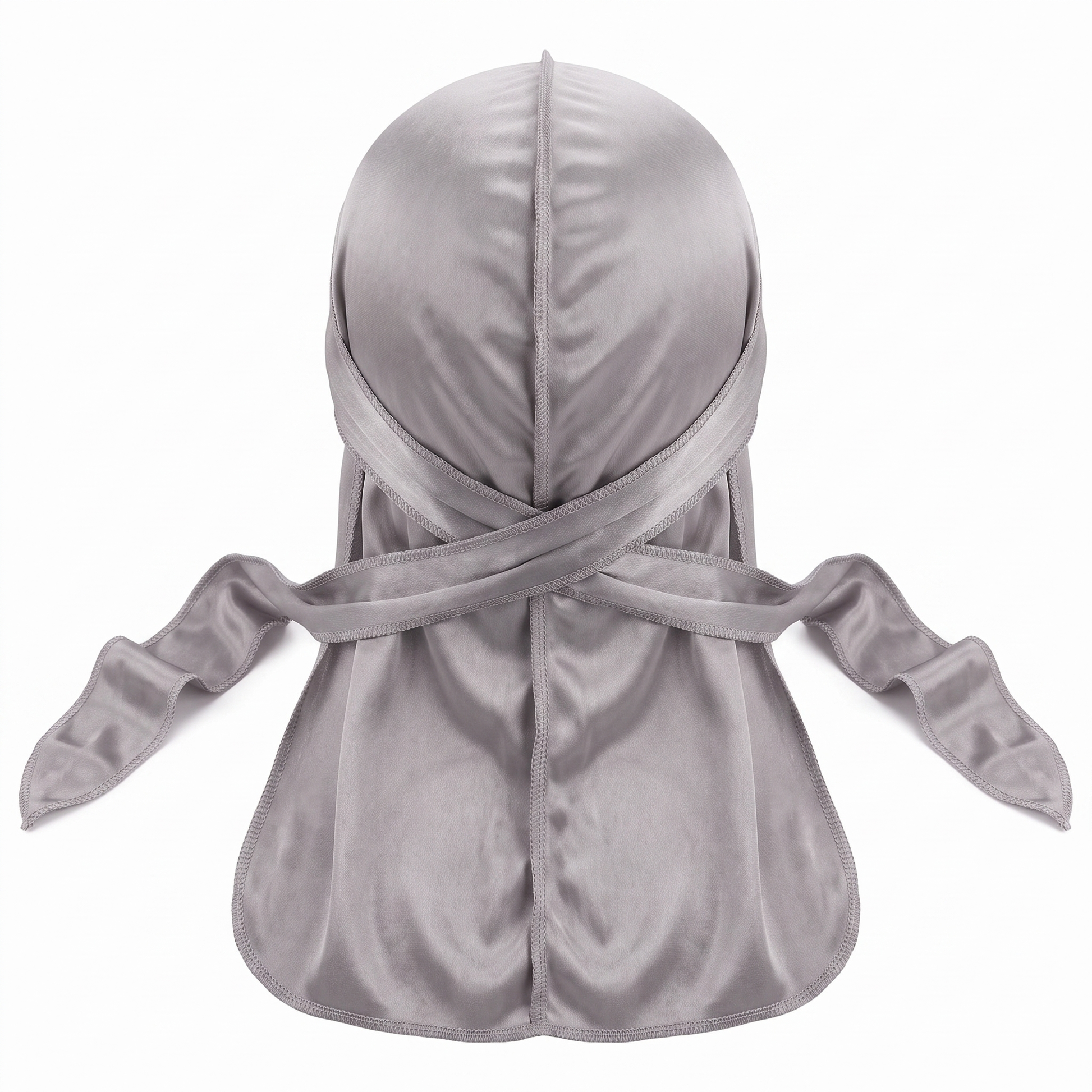 Premium Silver Grey Silk Durag - premium heavy silky durag back view showing wrap straps, tail and stitching