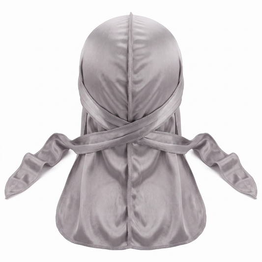Premium Silver Grey Silk Durag - premium heavy silky durag back view showing wrap straps, tail and stitching