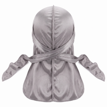 Premium Silver Grey Silk Durag - premium heavy silky durag back view showing wrap straps, tail and stitching