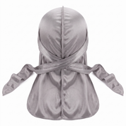 Premium Silver Grey Silk Durag - premium heavy silky durag back view showing wrap straps, tail and stitching