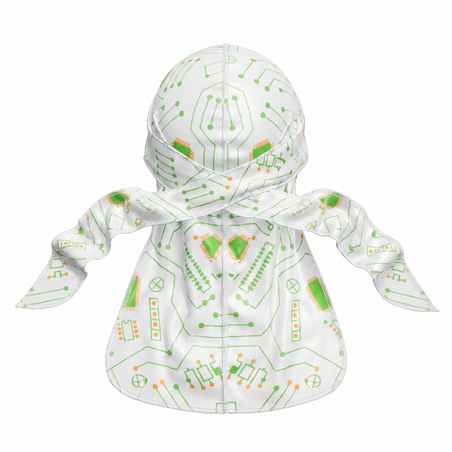 Digital White pixel camo Satin Silky Durag - premium silky durag back view showing wrap straps, tail and stitching