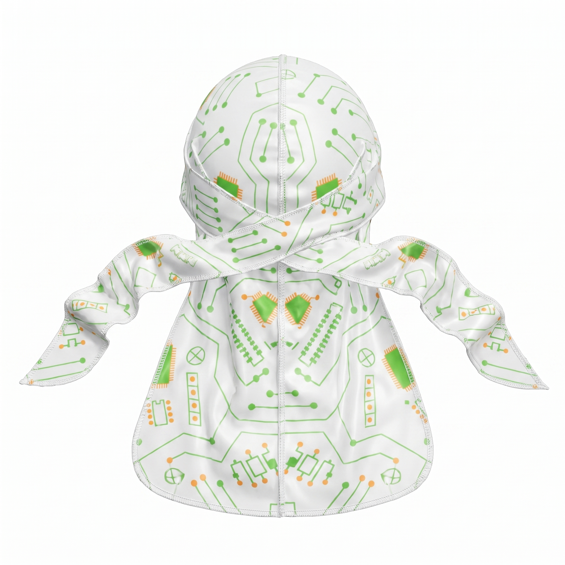 Digital White pixel camo Satin Silky Durag - premium silky durag back view showing wrap straps, tail and stitching