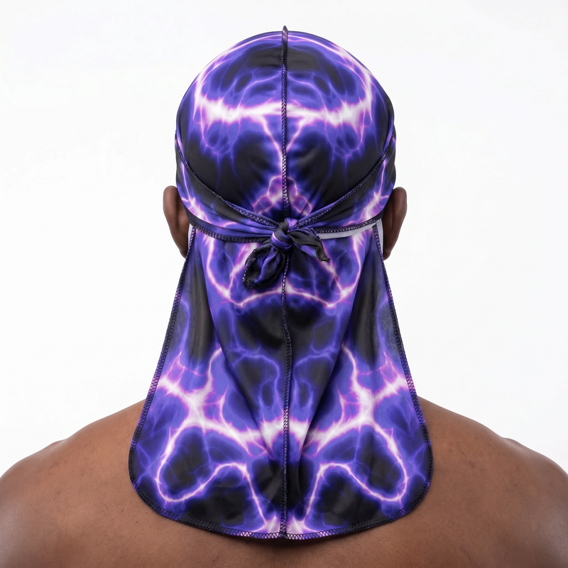 Voltage Purple lightning Satin Silky Durag worn by male model, back view showing tied wrap and tail