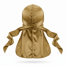 Premium Gold Silk Durag - premium heavy silky durag back view showing wrap straps, tail and stitching