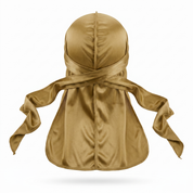 Premium Gold Silk Durag - premium heavy silky durag back view showing wrap straps, tail and stitching
